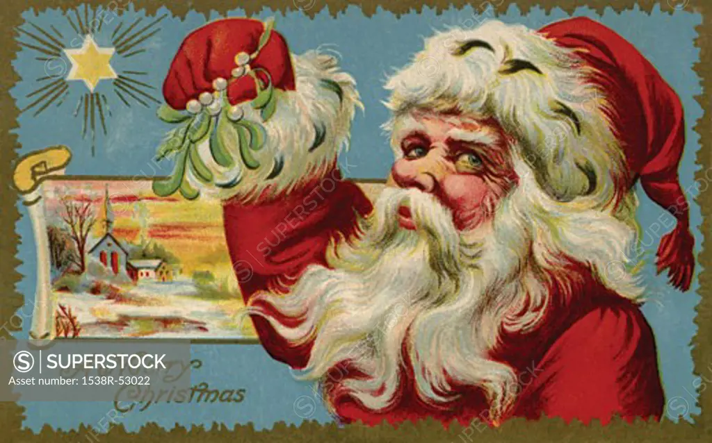 Vintage Christmas postcard of Santa Claus holding mistletoe