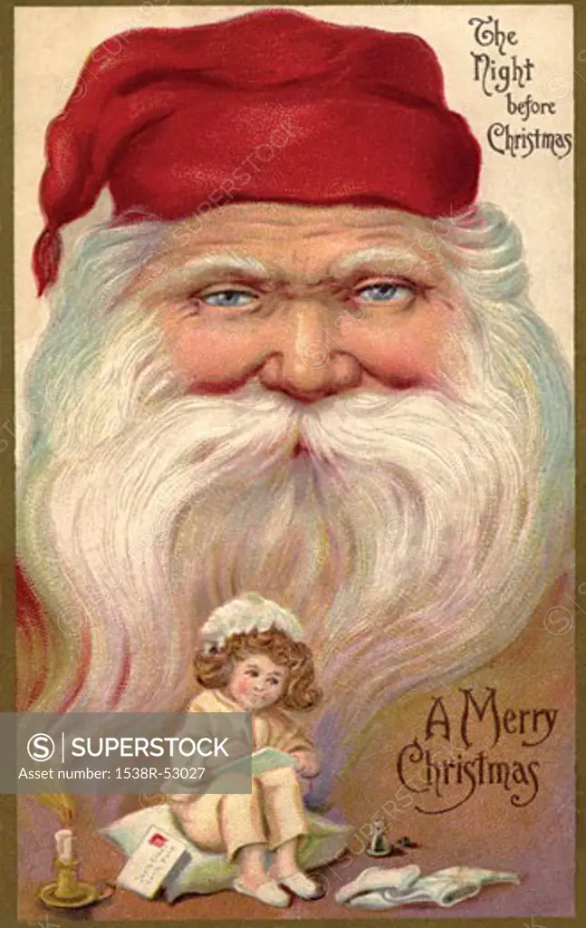 Vintage Christmas postcard with a little girl writing a list, and the face of Santa Claus in the background