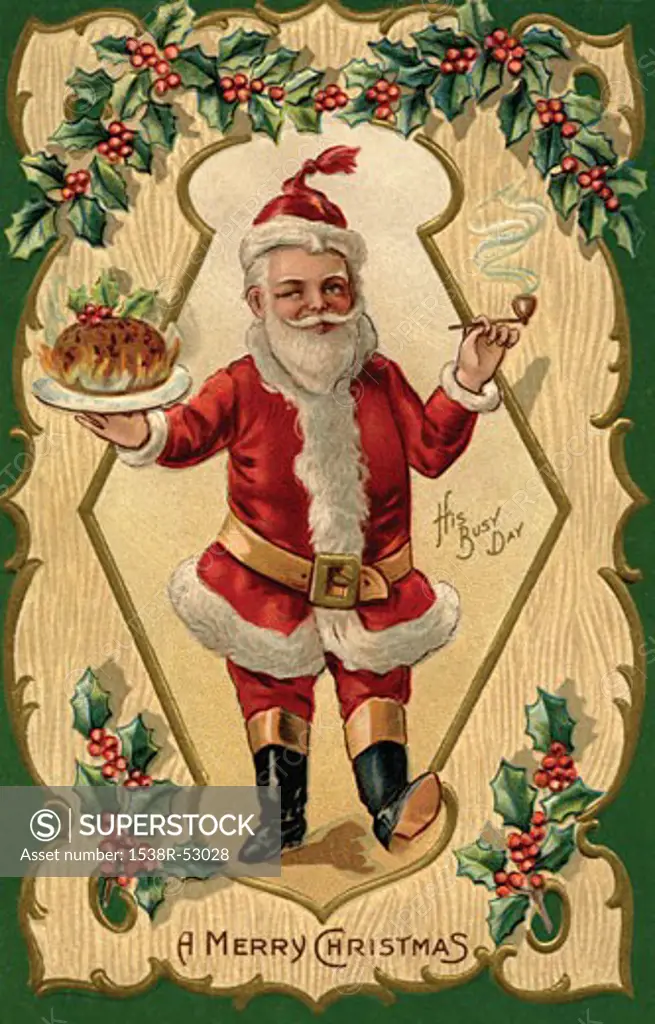 Santa Claus holding a tray of food in one hand and a pipe in another