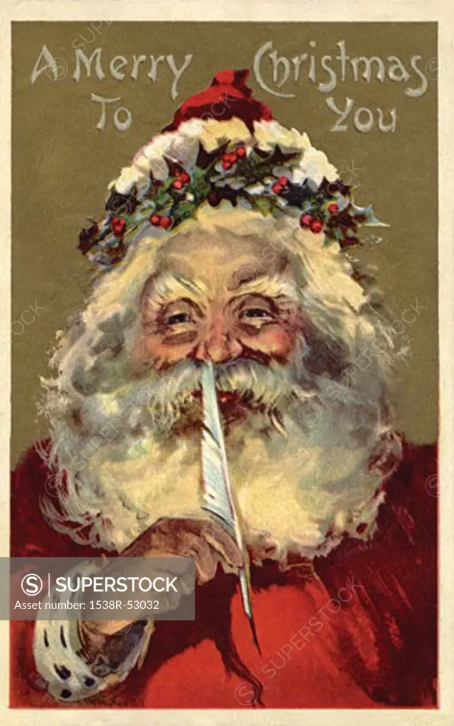 Vintage Christmas postcard of Santa Claus holding a feather to his nose