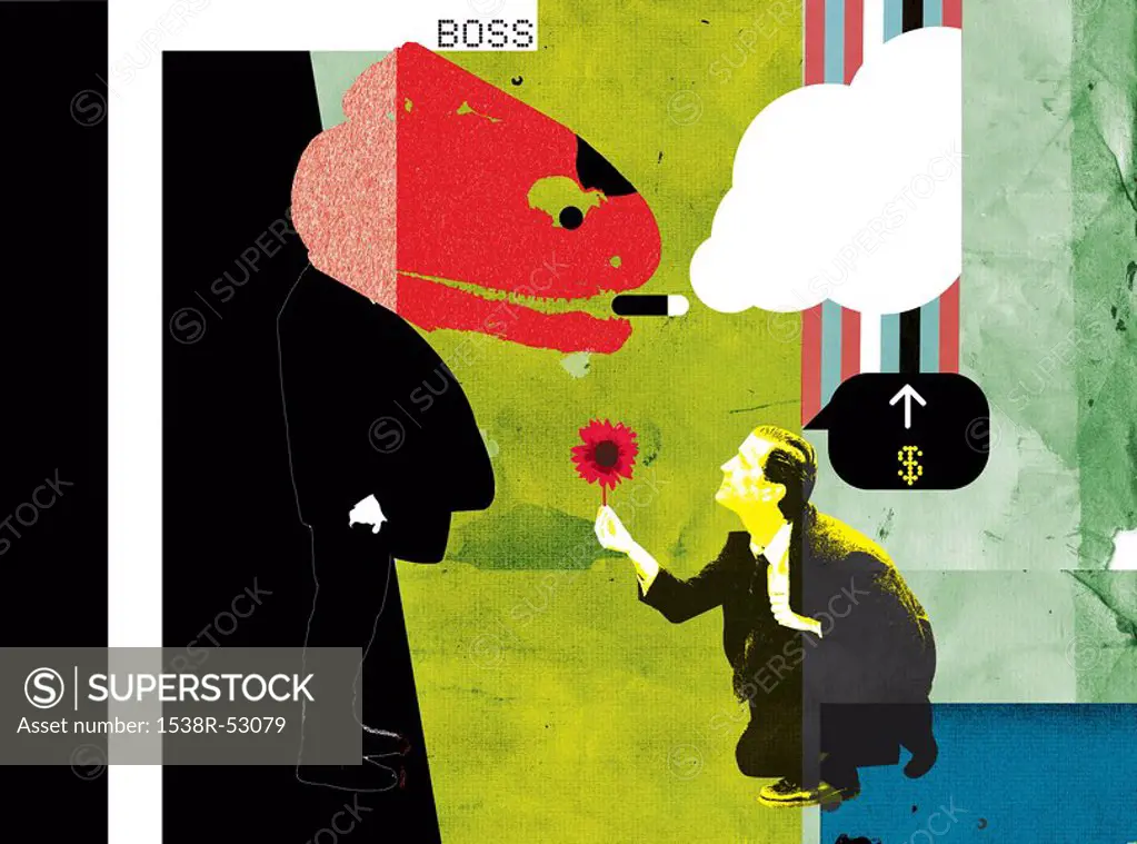A businessman giving a flower to a businessman with the head of a fish