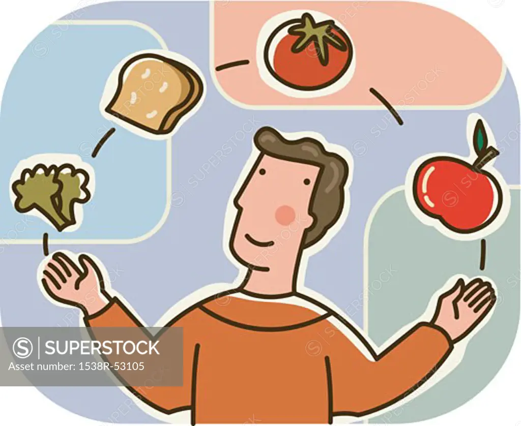 A man juggling healthy foods including broccoli, bread, a tomato, and an apple
