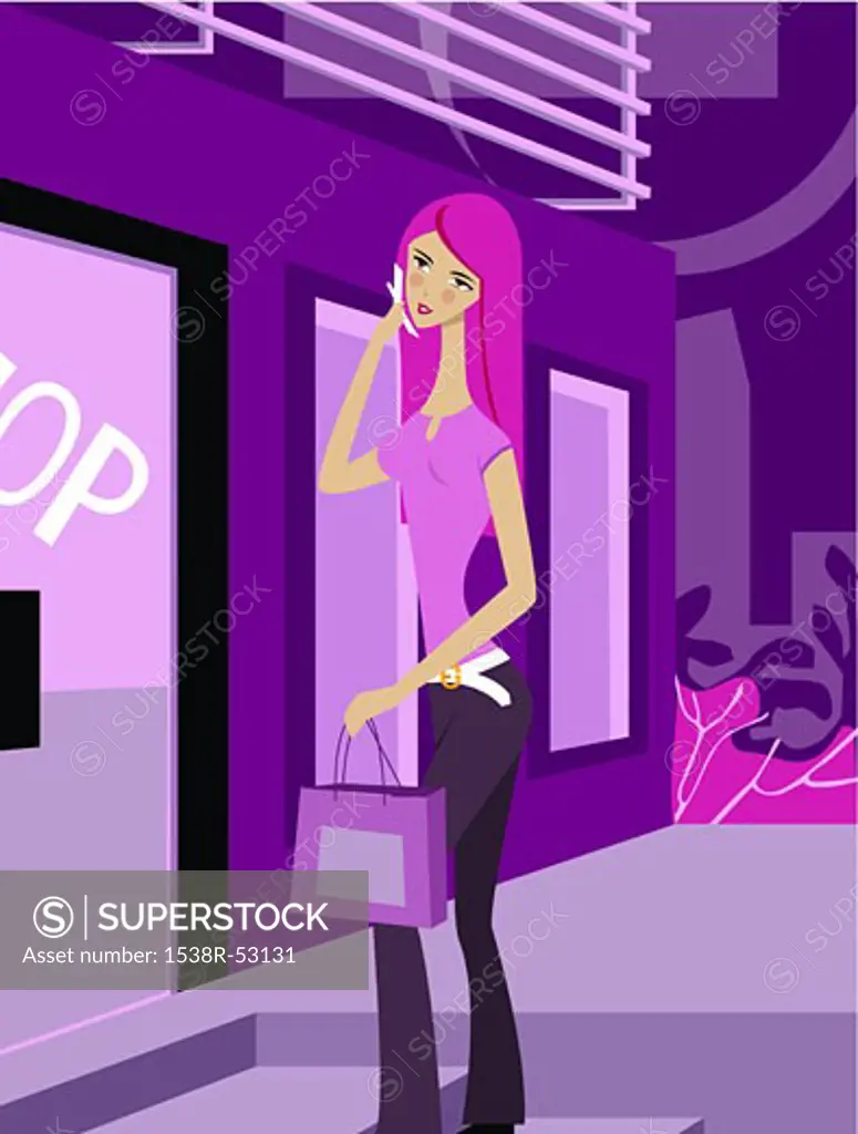 A woman talking on phone while window shopping