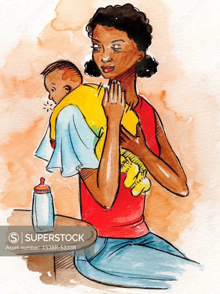 A woman holding her baby and burping him