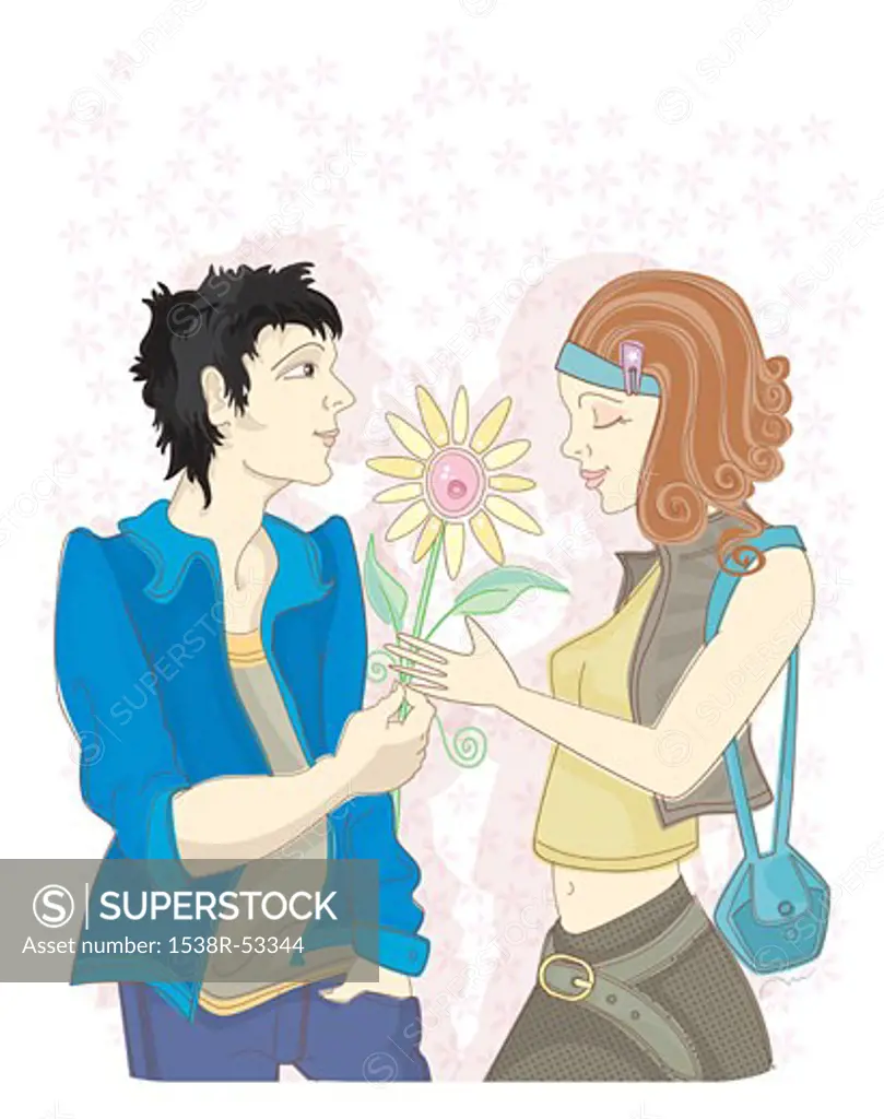 A man giving his girlfriend a flower