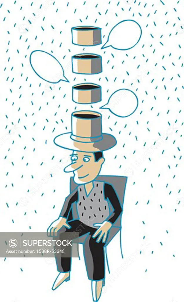 A man wearing a broken hat with speech bubbles coming out of it