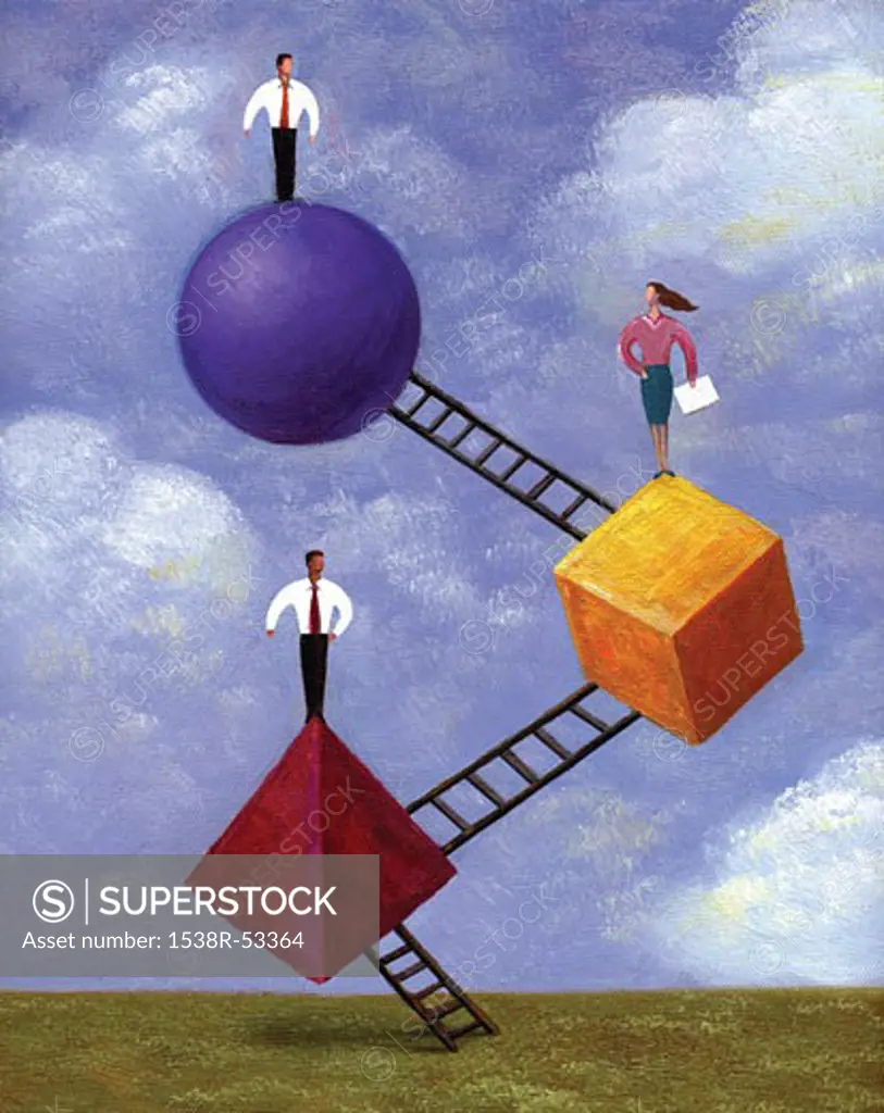 An illustration of three people standing on shapes connected to ladders