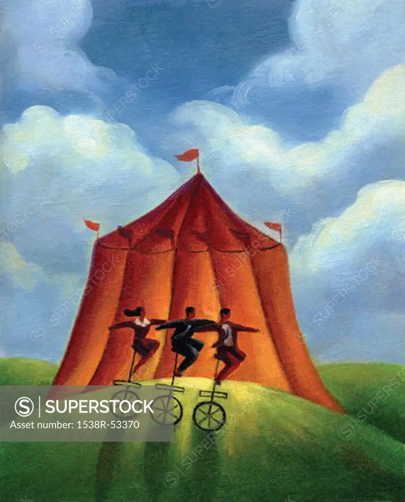 Three people on unicycles infront of a circus tent