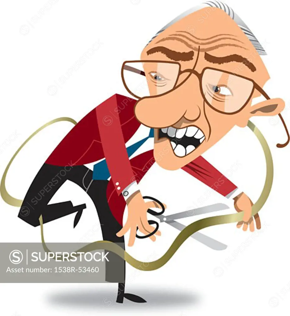 Old man with scissors cutting ribbon