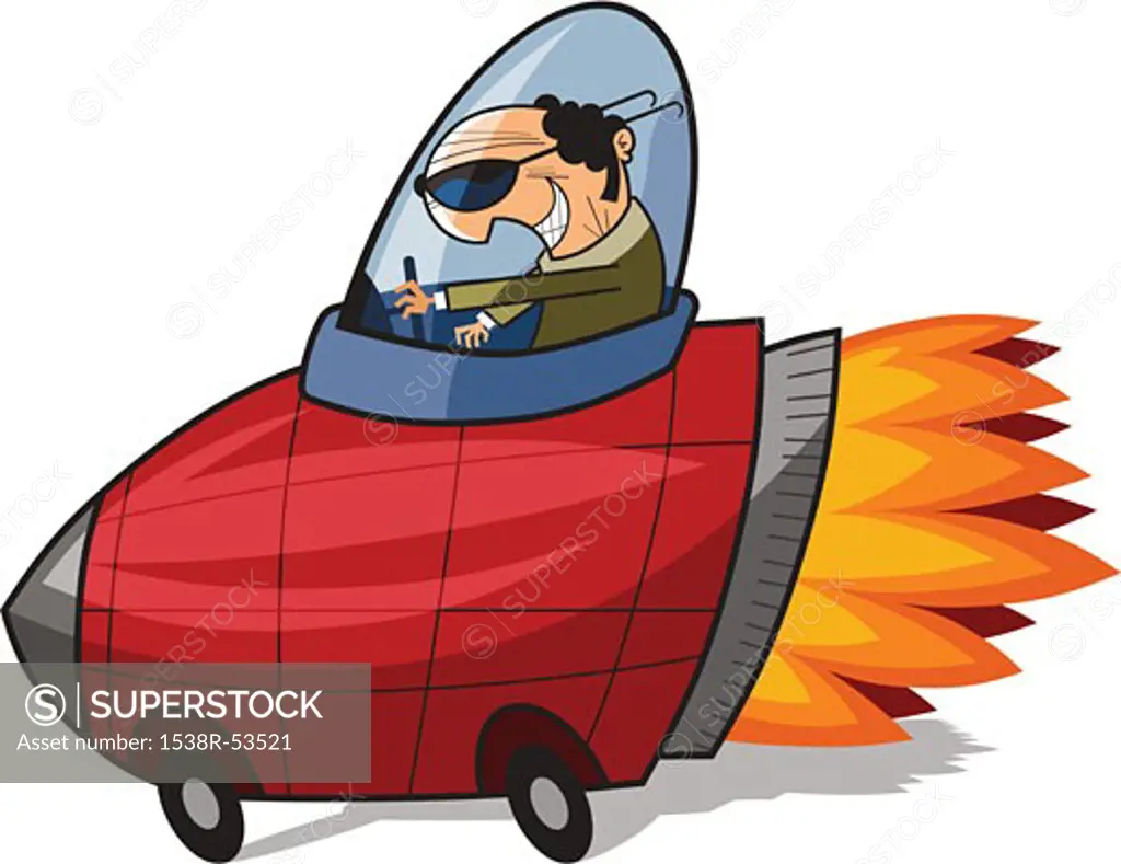 Illustration of a businessman steering a red rocket with flames coming out of it