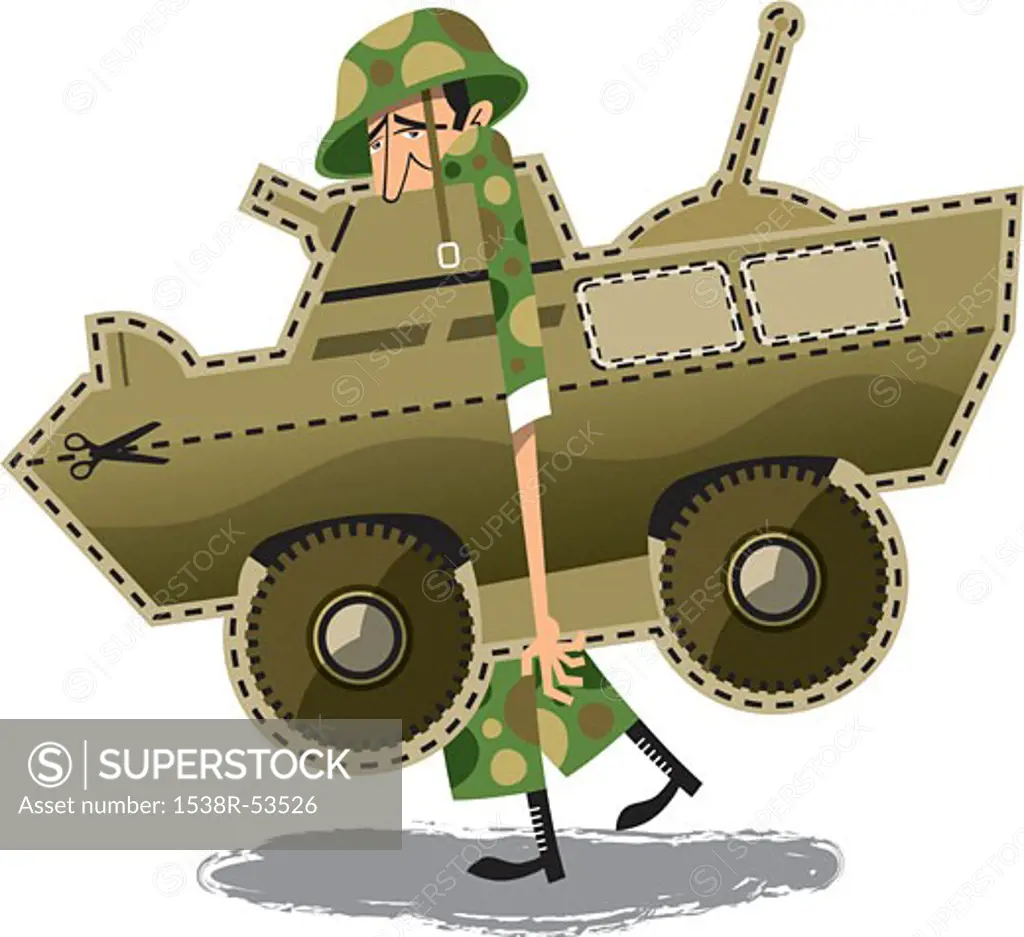 Soldier carrying a cutout of a tank