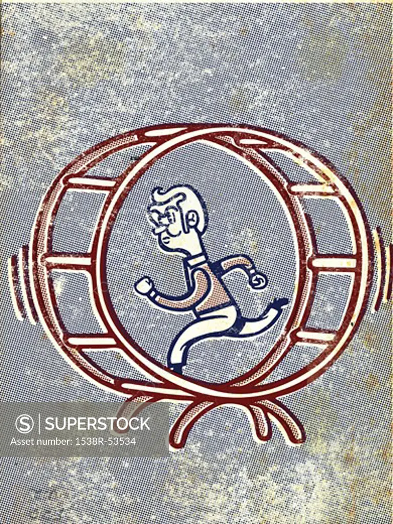 Drawing of a man running in a gerbil wheel