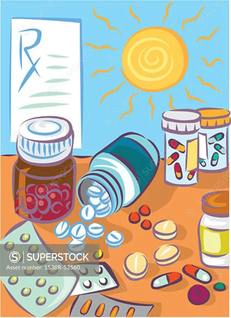 Various types of pills and a prescription