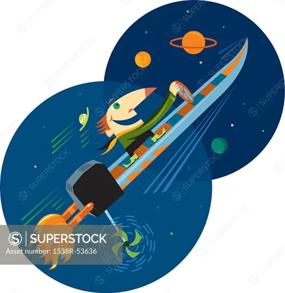 A man steering a boat that is as fast as a rocket in outer space