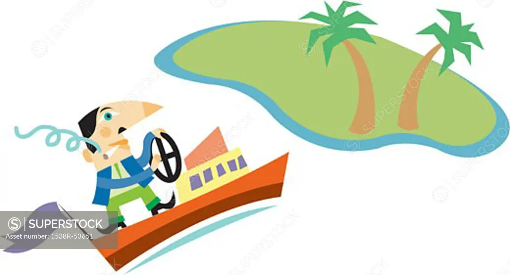 A man smoking a cigarette while driving a boat towards an island with palm trees on it