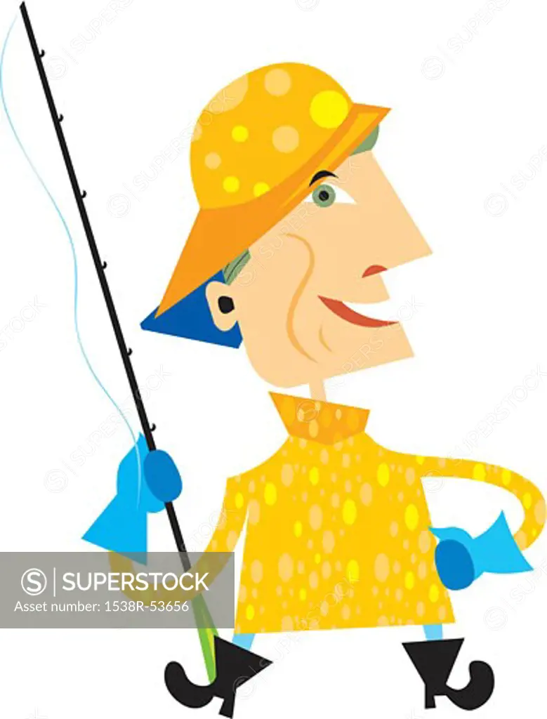 A man wearing a raincoat and holding a fishing rod