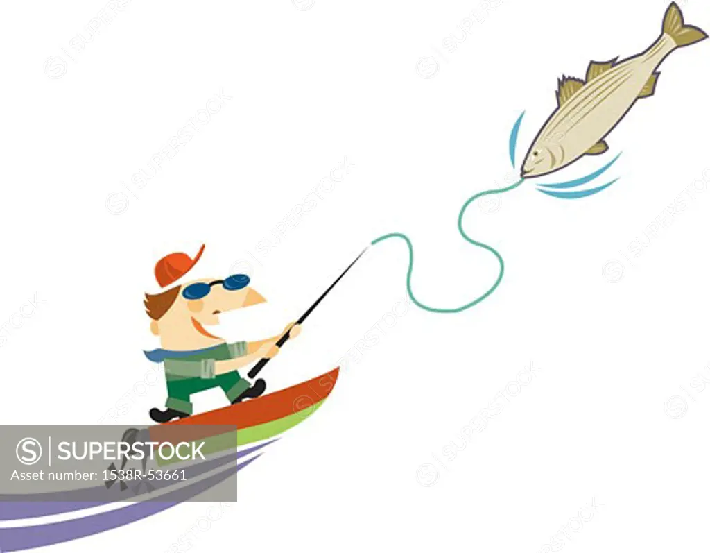 A man on a motorboat reeling in a large fish