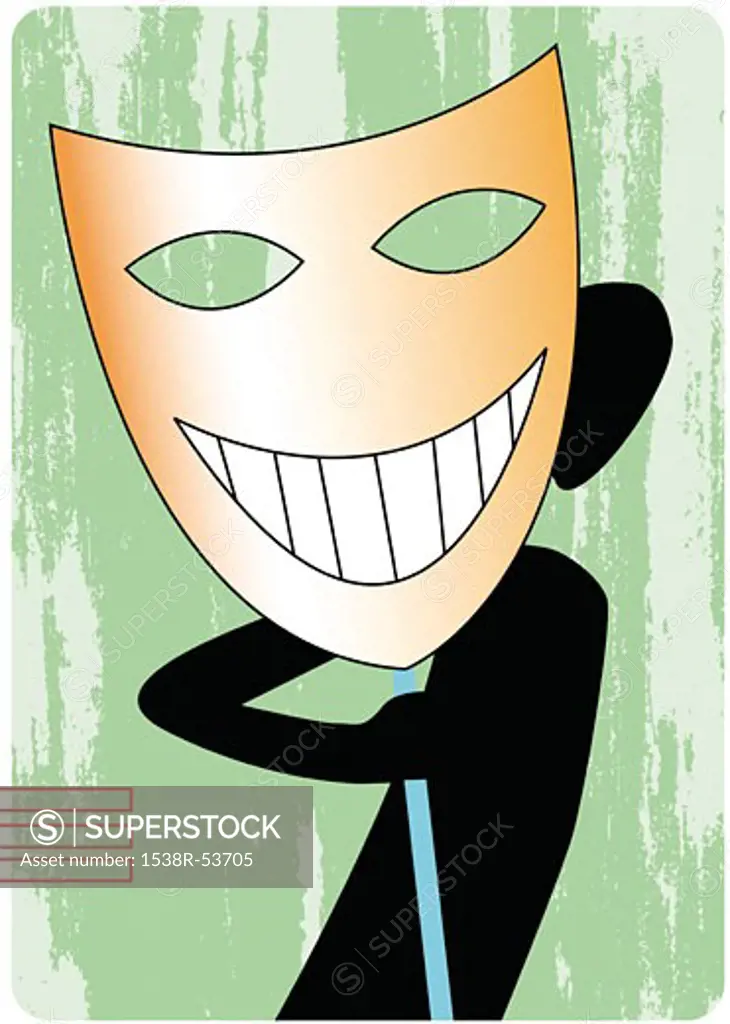 Silhouette of a man looking out from behind a large smiling mask