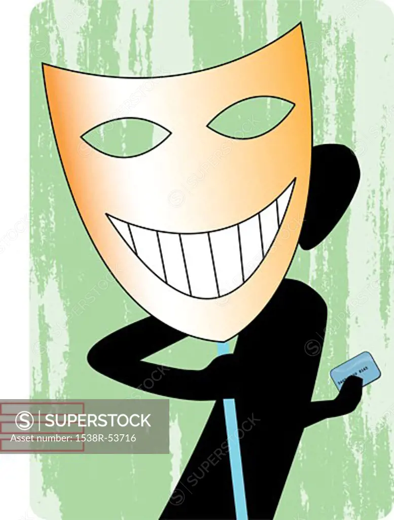 Silhouette of a person with a credit card, hiding behind a large mask