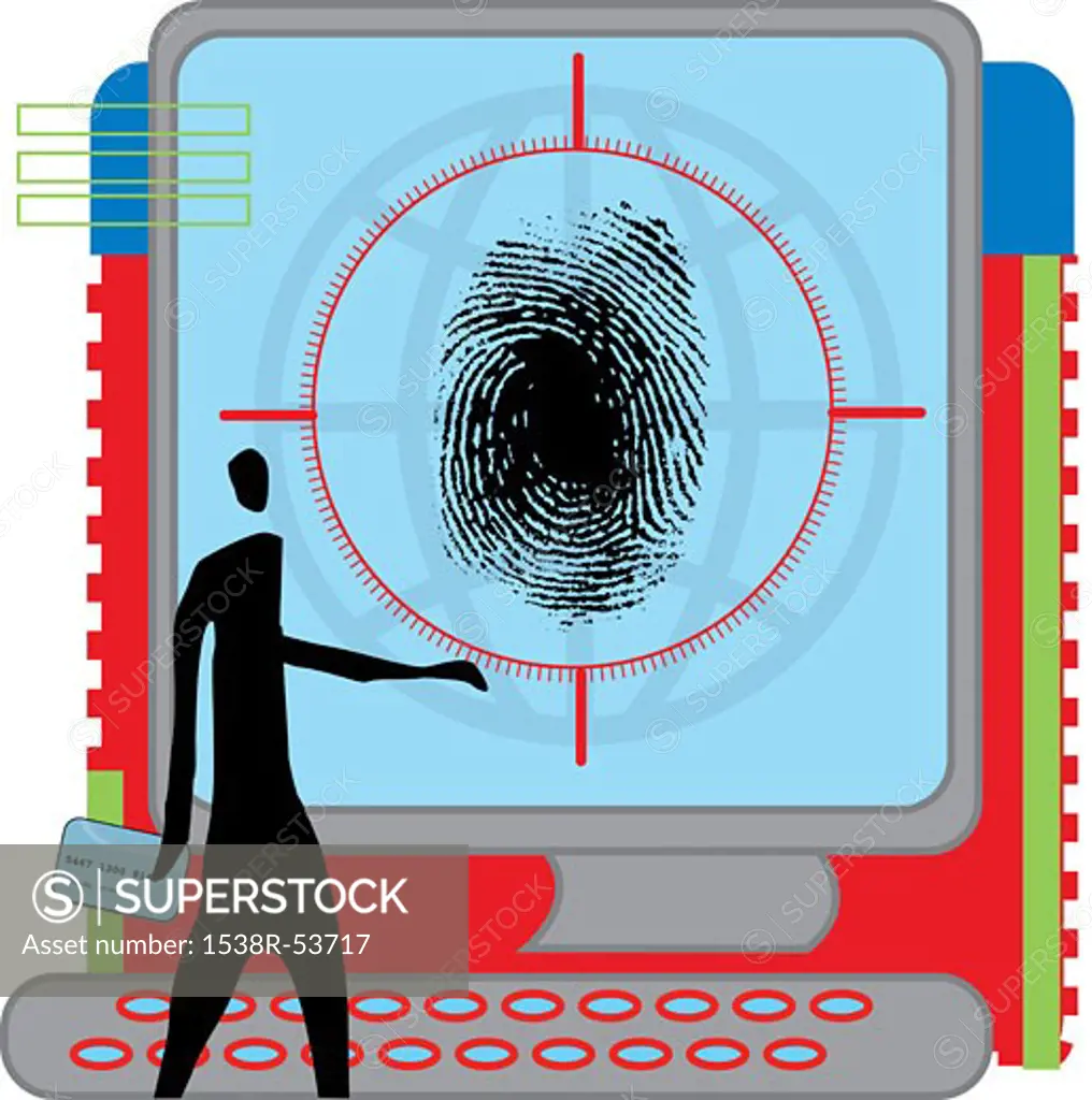Silhouette of a man holding credit card and looking at a large screen with fingerprint