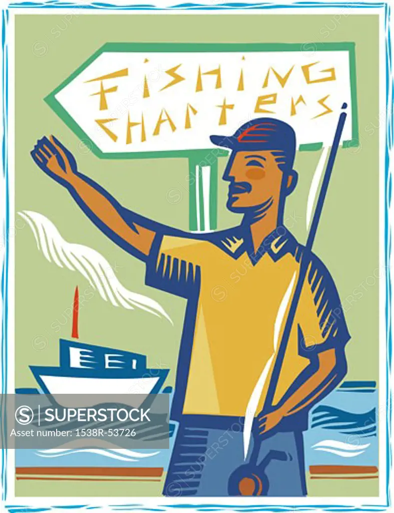 A man holding a fishing pole while standing infront of a fishing charters sign