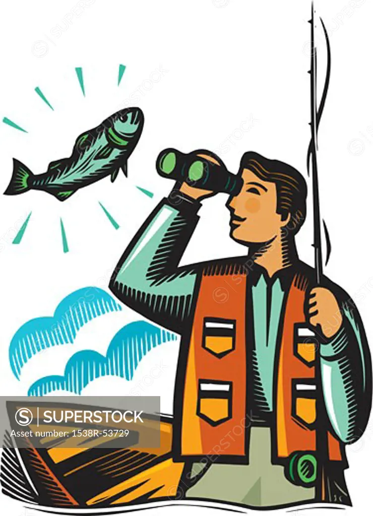 A fisherman looking at a fish through his binoculars