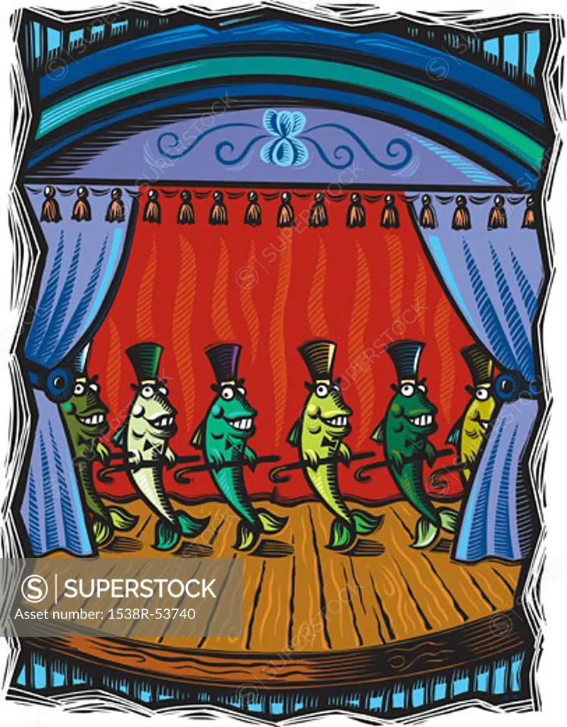 Dancing fish on stage holding canes and wearing top hats