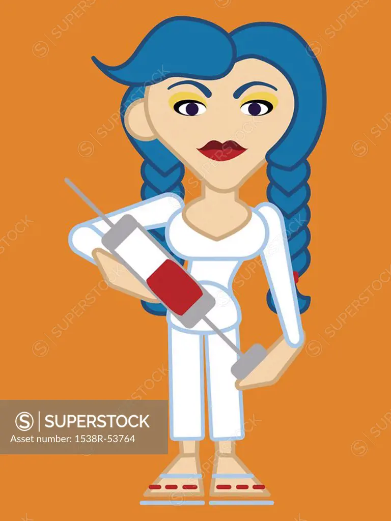 A nurse with giant syringe against an orange background