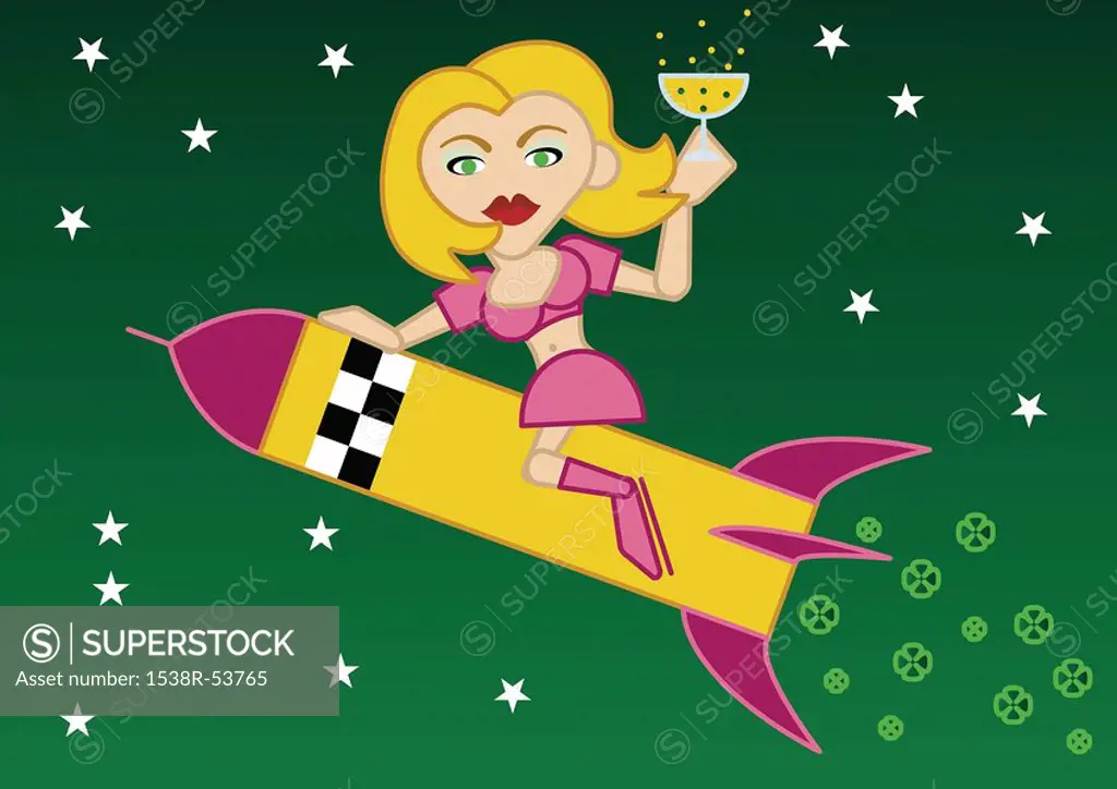 A woman holding a cocktail glass and riding a rocket into a new year