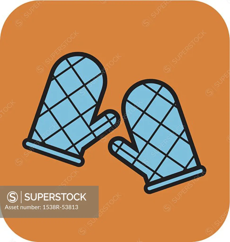 A pair of blue oven mitts on an orange background