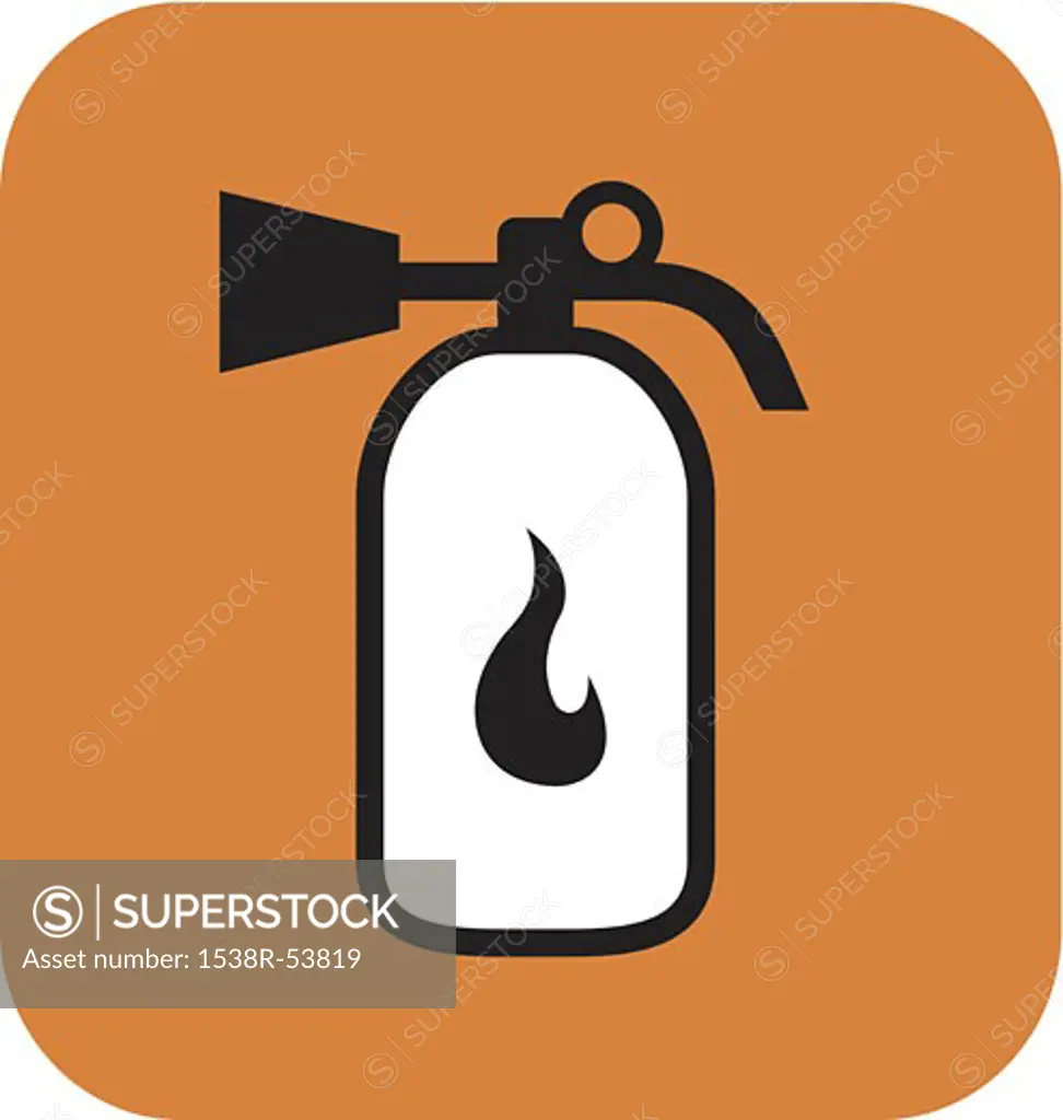 A white fire extinguisher on an orange background