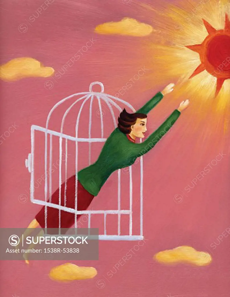 A woman flying out of a cage toward the sun