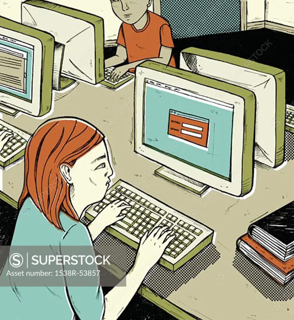 A student entering her username and password into a computer