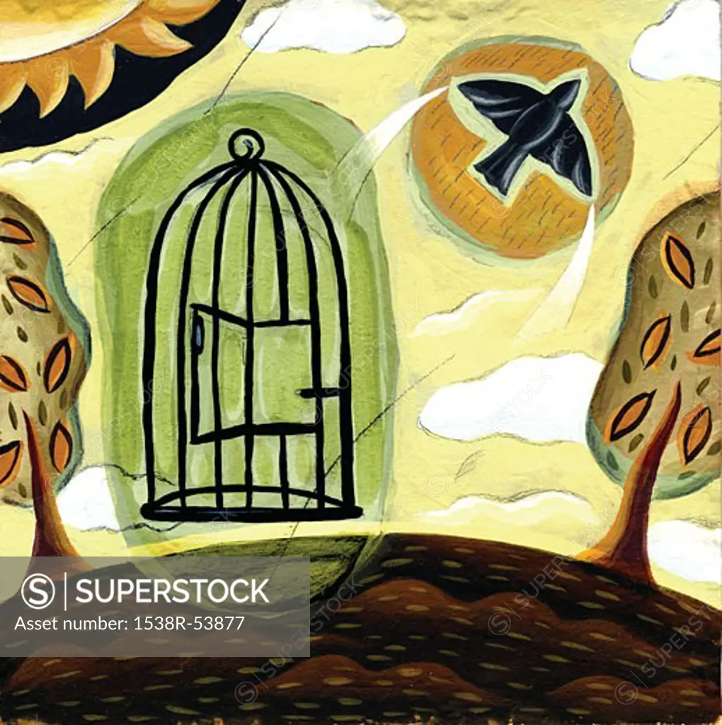 A bird flying out from a cage