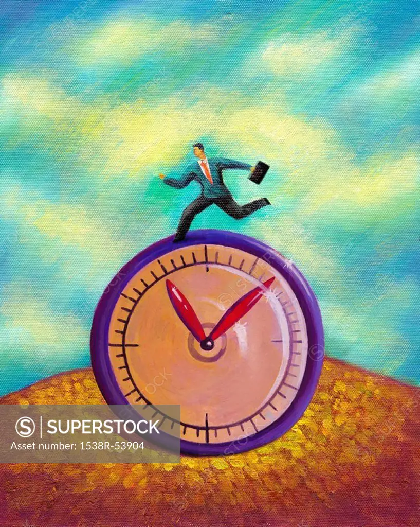 A business man running on top of a clock