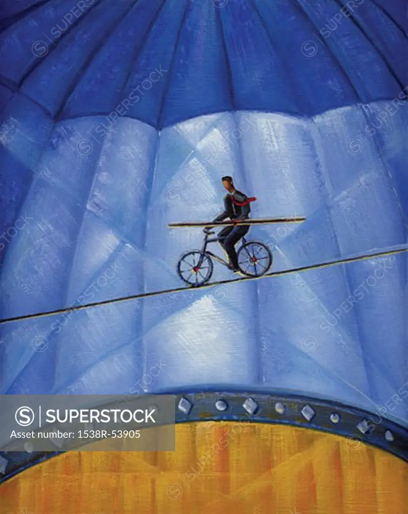 An illustration of a businessman riding a bicycle on a high wire