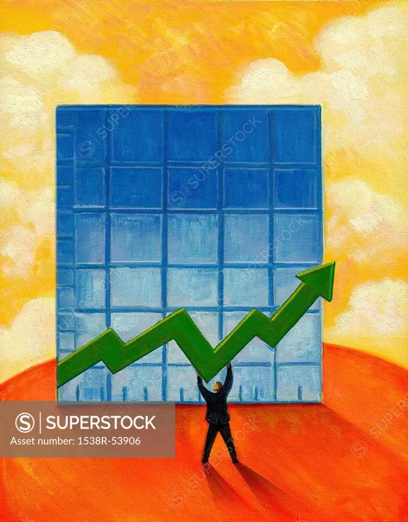 A businessman holding up the arrow on a sales graph