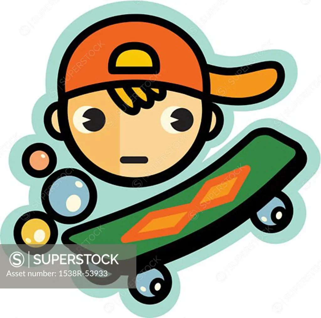 Illustration of a boy wearing a hat and a green skateboard