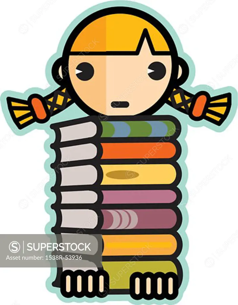 Illustration of a girl with blonde hair carrying a large stack of books