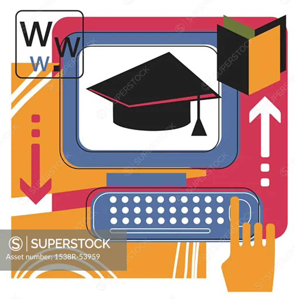 Collage of a computer with graduation cap and internet