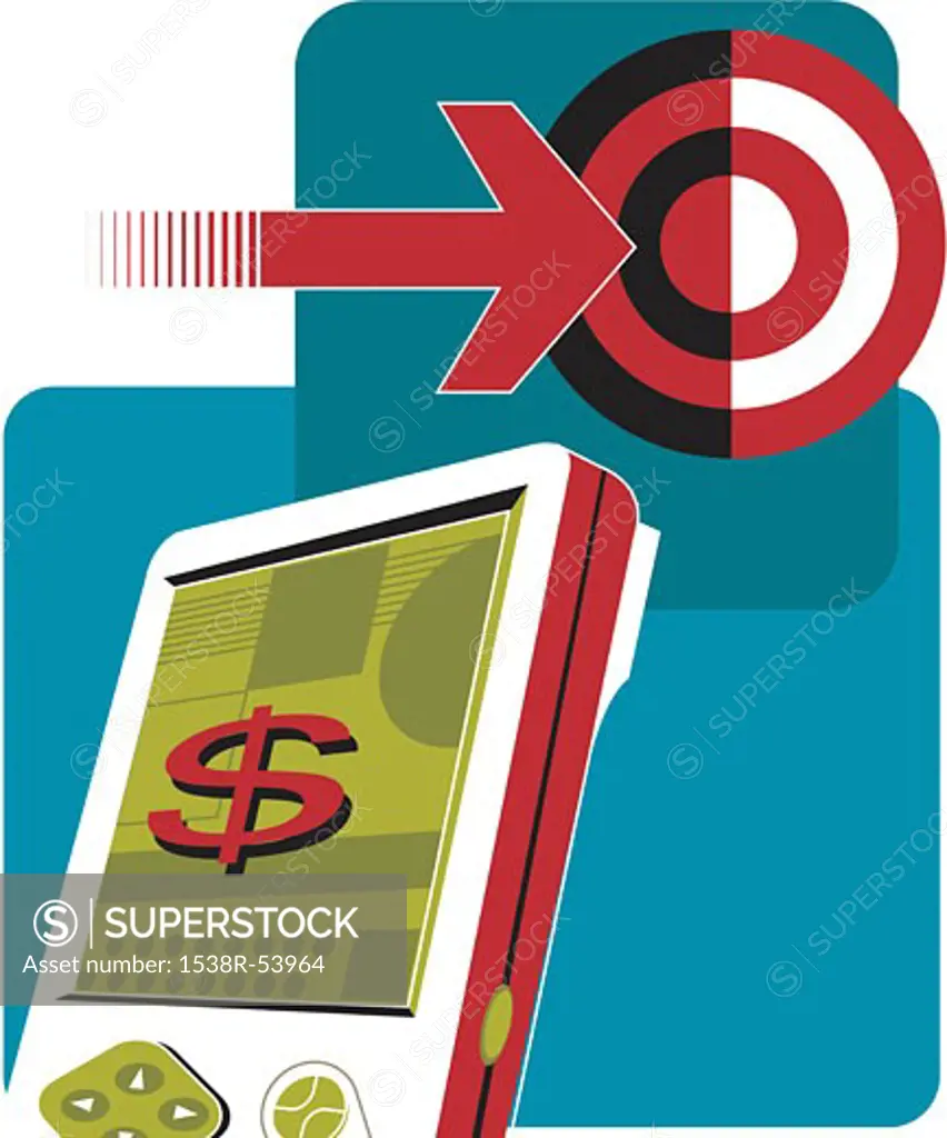 A PDA with dollar sign on screen, and an arrow pointing on target