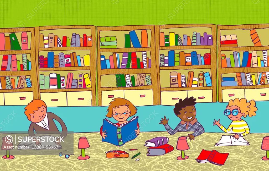 Kids reading and studying in a library