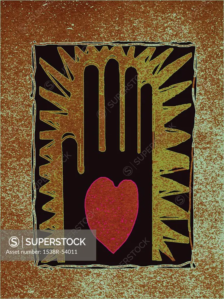 Palm of a hand with a heart, against distressed background