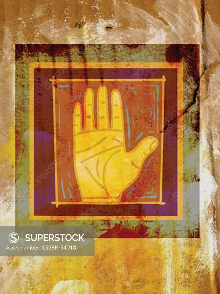 A framed palm of a human hand against a distressed background