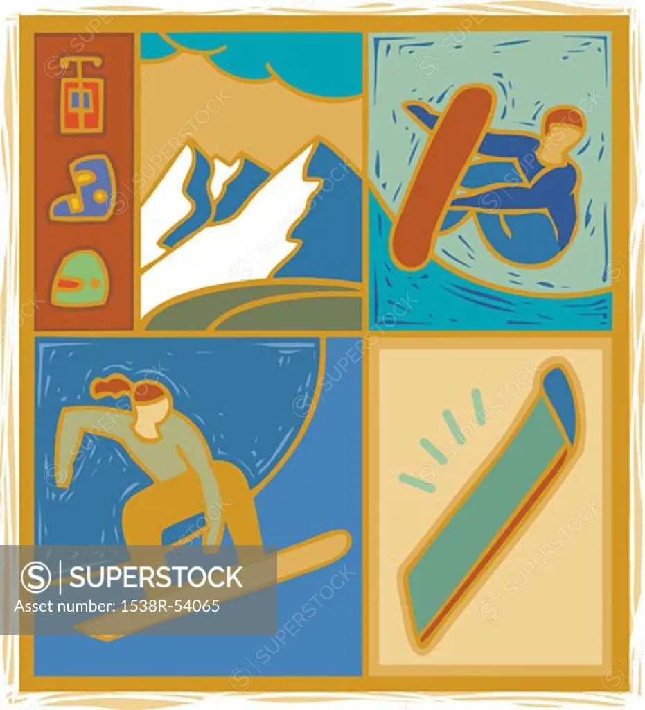 Illustration of people snowboarding