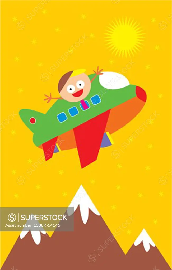 A boy in a green and red plane