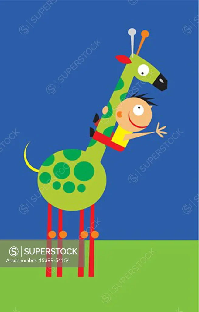 A boy riding a green giraffe