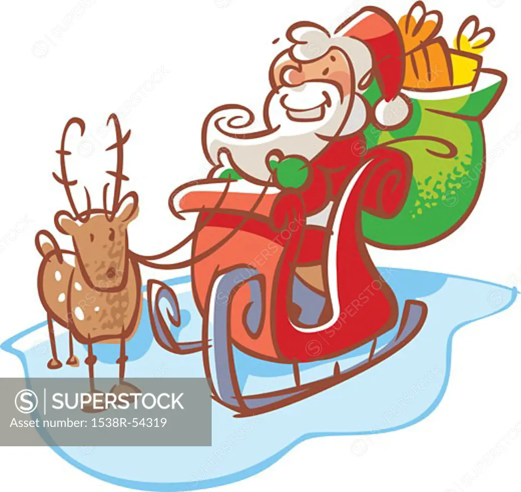 Santa Claus in a sleigh with a reindeer
