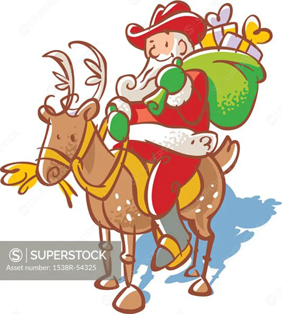 Santa Claus in a cowboy hat with a sack of toys riding a reindeer