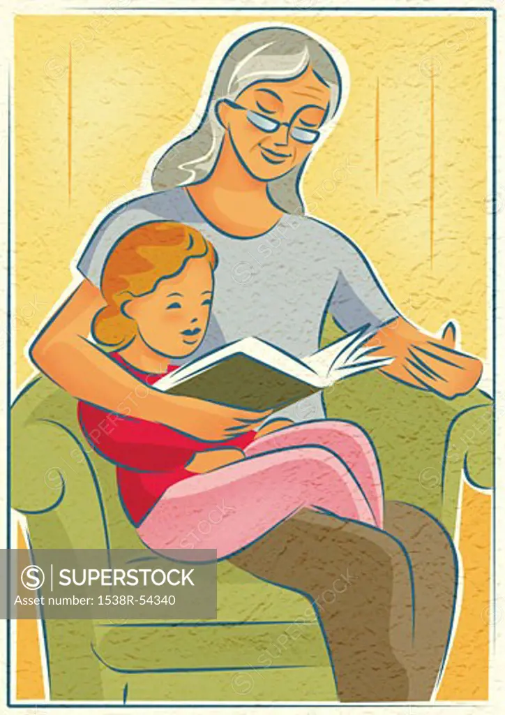 An elderly woman reading a book with a young girl